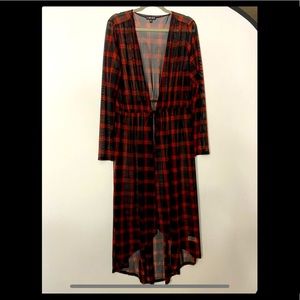 T•I•M•I•N•G long sheer duster 2X. Red and black plaid. Ankle length. Never worn